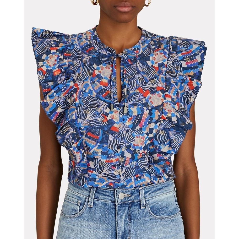 Chufy Dekker Flutter Sleeve Top‎ Gone Jammin Blue Multi Guipure Size Small